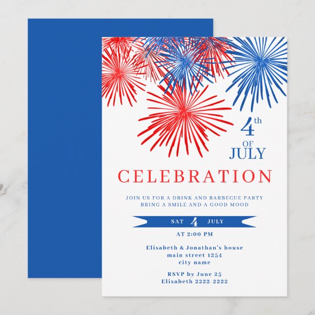 Red And Blue Fireworks 4th of July Invitations (Front/Back)