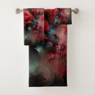 Red and Blue Floral Abstract on Black Background Bath Towel Set