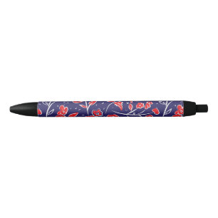 Red and Blue Floral Pattern Black Ink Pen