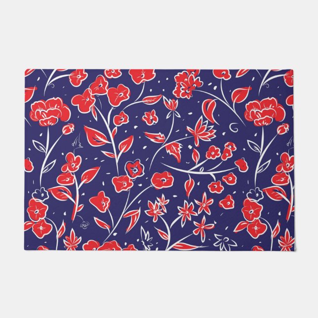 Red and Blue Floral Pattern Doormat (Front)