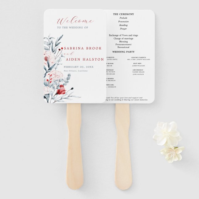 Red And Blue Floral Wedding Ceremony Program  Hand Fan (Front and Back)
