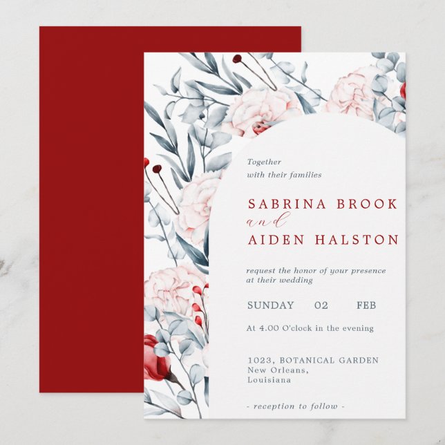 Red And Blue Flower Floral Arch Wedding Invitation (Front/Back)