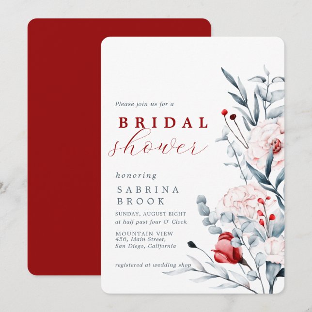 Red And Blue Flower Floral Bridal Shower  Invitation (Front/Back)