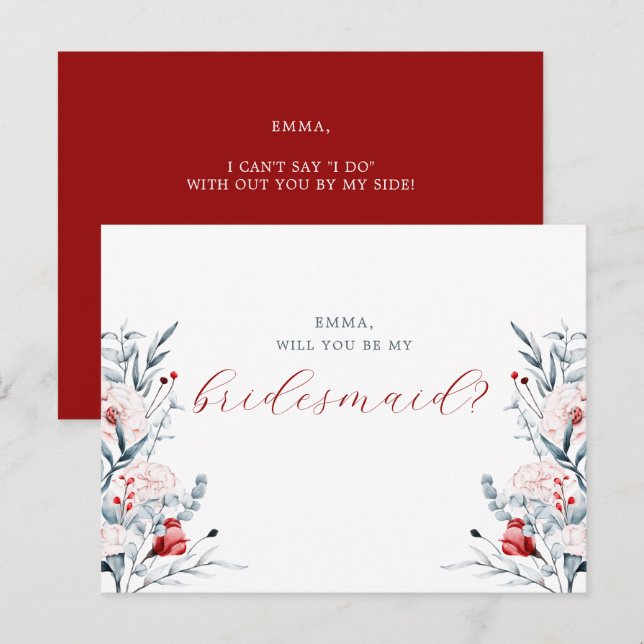 Red And Blue Flower Floral Wedding bridesmaid Card (Front/Back)