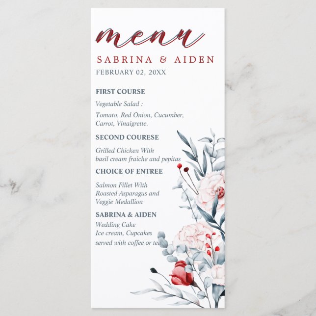 Red And Blue Flower Floral Wedding  Menu (Front)