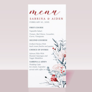 Red And Blue Flower Floral Wedding  Menu