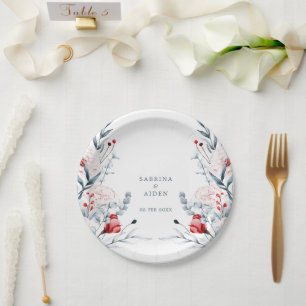 Red And Blue Flower Floral Wedding Paper Plate