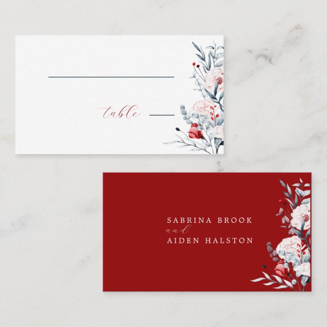Red And Blue Flower Floral Wedding  Place Card (Front/Back)