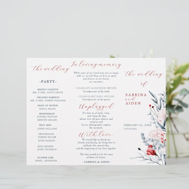 Red And Blue Flower Floral Wedding Program (Standing Front)