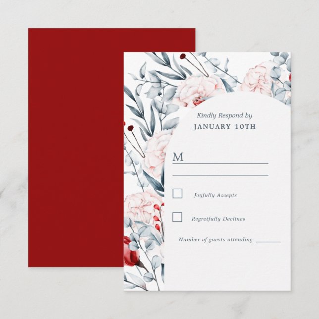 Red And Blue Flower Floral Wedding  RSVP Card (Front/Back)