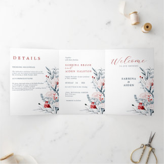 Red And Blue Flower Floral Wedding  Tri-Fold Announcement