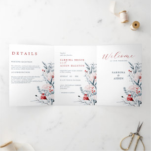 Red And Blue Flower Floral Wedding  Tri-Fold Announcement