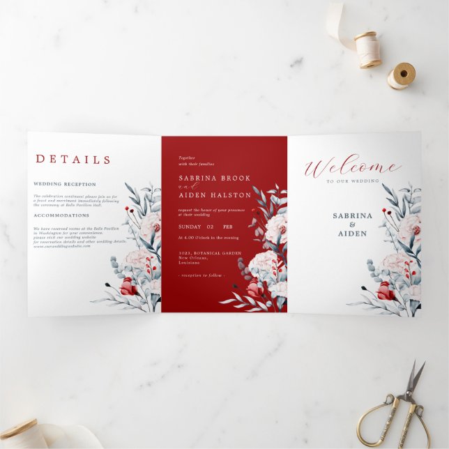 Red And Blue Flower Floral Wedding  Tri-Fold Announcement (Inside)