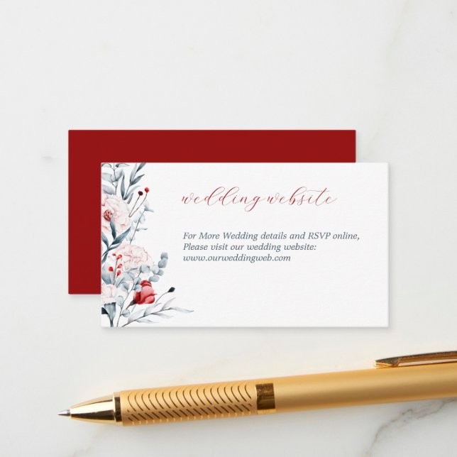 Red And Blue Flower Floral Wedding Website  Enclosure Card (Front/Back In Situ)