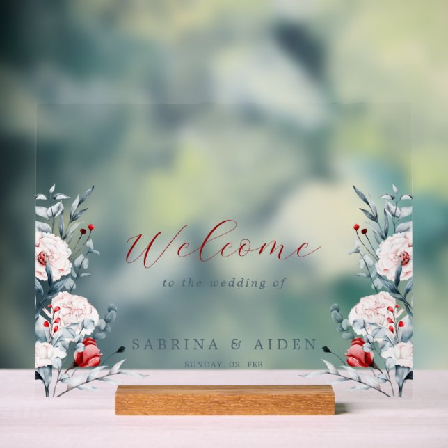 Red And Blue Flower Floral  Wedding Welcome  Acrylic Sign (Neutral)