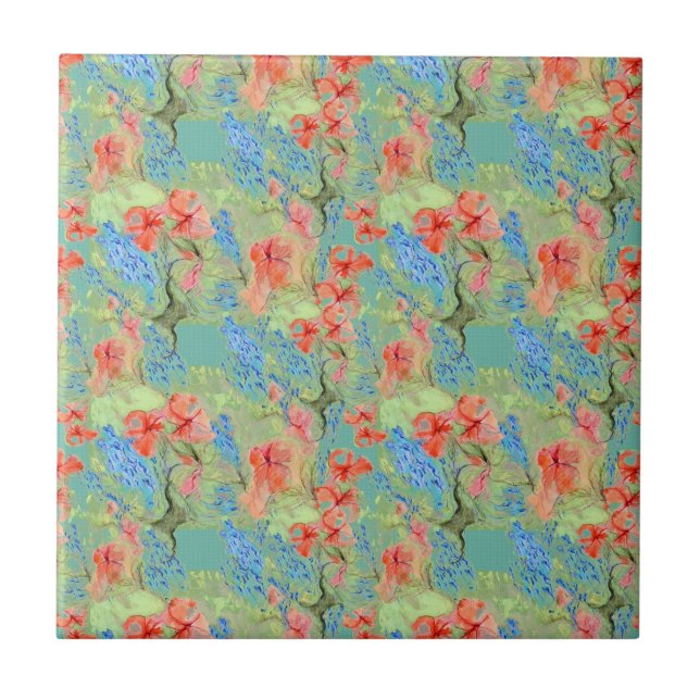 Red and Blue Flowers and Green Leaves Tile (Front)