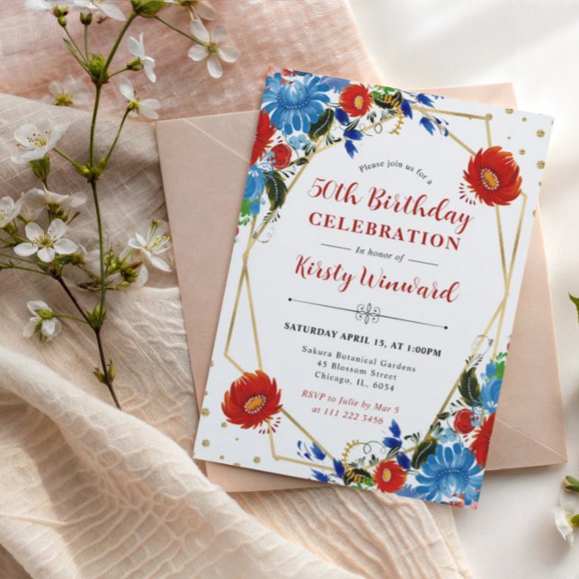 Red and Blue Flowers Frame 50th Birthday Invitation (Creator Uploaded)