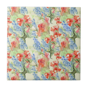 Red and Blue Flowers in Retro Style Tile