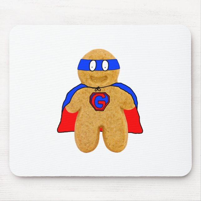 red and blue gingerbread man super hero mouse mat (Front)