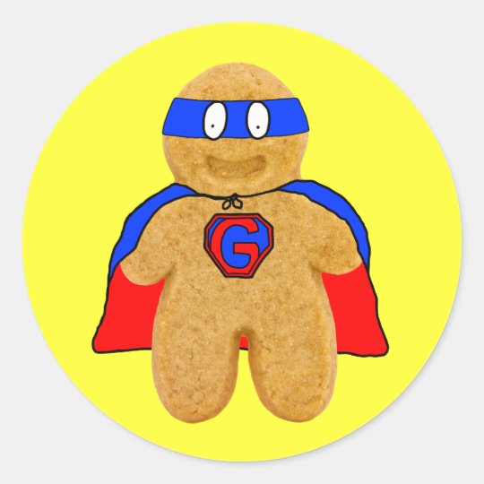 red and blue gingerbread man super hero sticker