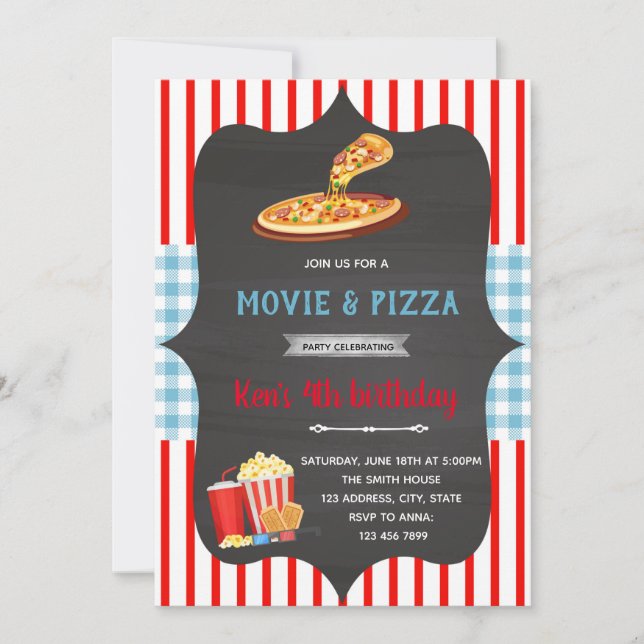 Red and blue gingham pizza movie theme Invitation (Front)