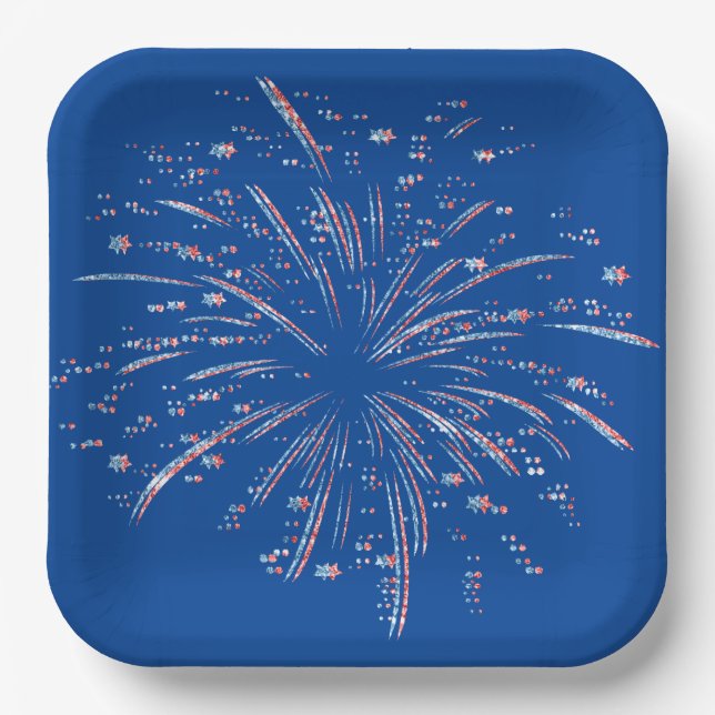 Red and Blue Glitter Fireworks  Paper Plate (Front)
