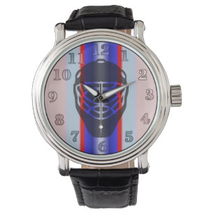 Red and Blue Goalie Mask Hockey Wrist Watch
