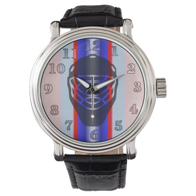 Red and Blue Goalie Mask Hockey Wrist Watch (Front)