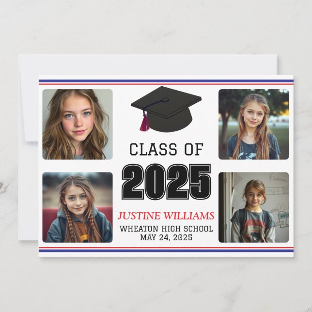 Red and Blue Graduation  Announcement (Front)