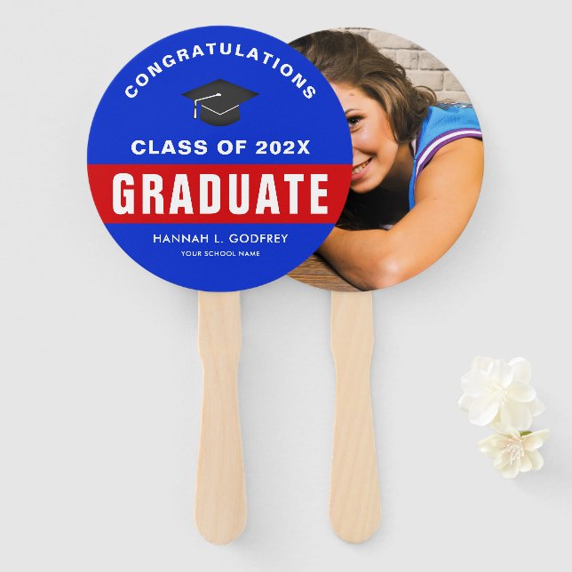 Red and Blue Graduation Congratulations Photo Hand Fan (Front and Back)