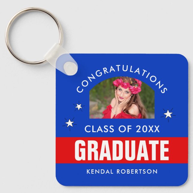Red and Blue Graduation Photo Keychain (Front)