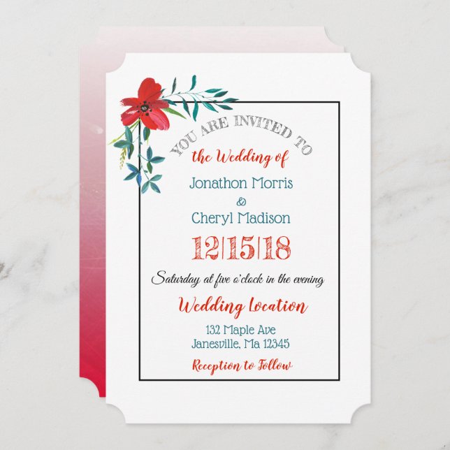 Red and Blue Handpainted Flower Wedding Invitation (Front/Back)