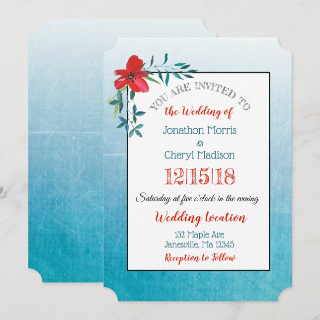 Red and Blue Handpainted Flower Wedding Invitation (Front/Back)