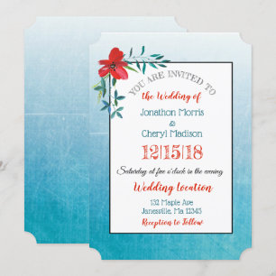 Red and Blue Handpainted Flower Wedding Invitation