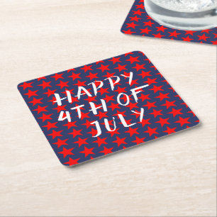 Red And Blue Happy 4th of July Square Paper Coaster