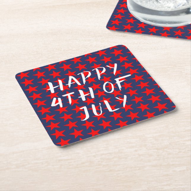 Red And Blue Happy 4th of July Square Paper Coaster (Angled)