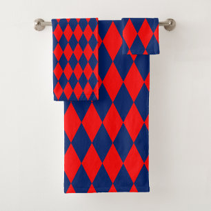 Red and Blue Harlequin Checkered Design Bath Towel Set