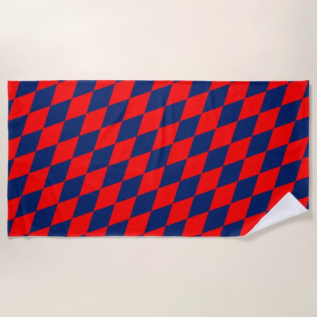 Red and Blue Harlequin Checkered Design  Beach Towel (Front)