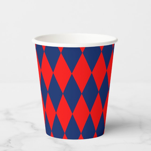 Red and Blue Harlequin Checkered Design  Paper Cups (Front)