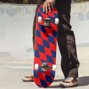 Red and Blue Harlequin Checkered Design Skateboard