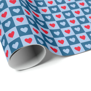 Red and Blue Hearts Checkerboard Valentine's Day Wrapping Paper