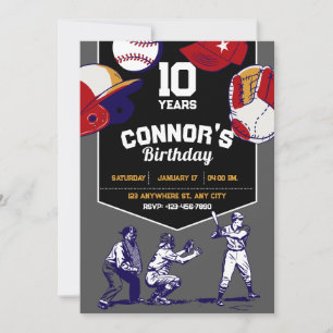 Red and blue illustrated baseball birthday party  invitation