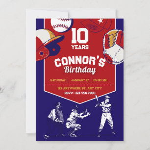 Red and blue illustrated baseball birthday party  invitation