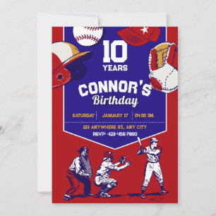 Red and blue illustrated baseball birthday party  invitation