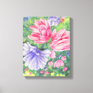 Red and Blue in the Garden flowers pastel Canvas Print