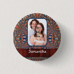 Red and blue kaleidoscope pattern 3 cm round badge