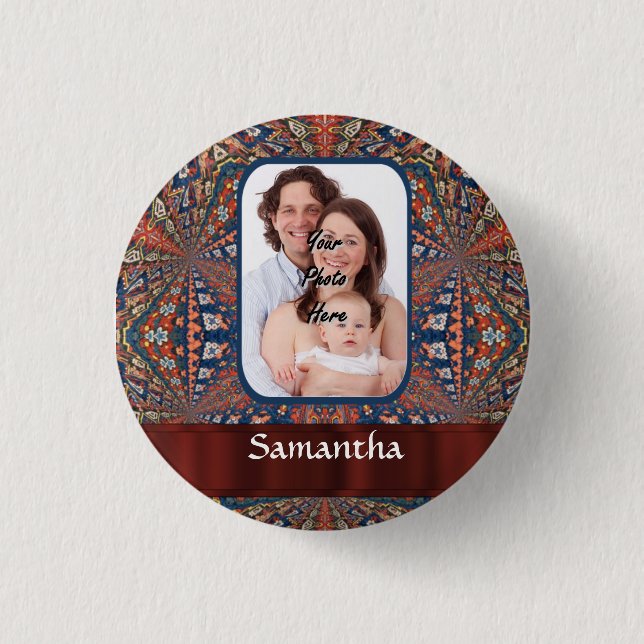 Red and blue kaleidoscope pattern 3 cm round badge (Front)