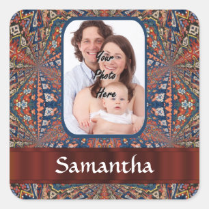 Red and blue kaleidoscope pattern square sticker