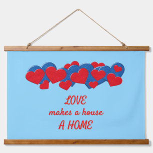 Red and Blue Love Hearts on light blue background Hanging Tapestry