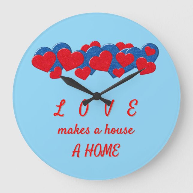 Red and Blue Love Hearts on light blue background Large Clock (Front)